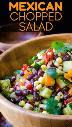 mexican chopped salad in a wooden bowl