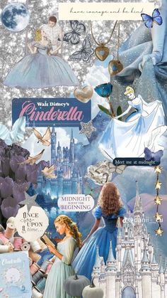 a collage with princesses and other things in the background, including an image of cinderella