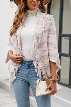 Material: Polyester Style: Daily Pattern Type: Color Stripes Element: Fringed Clothing Length: Regular Sleeve Length: Middle Sleeve Neckline: V Neck SIZE Bust(inch) Length(inch) Sleeve(inch) One Size 55.16 31.52 19.70 Cheap Women's Layering Shrug, Lion Brand Shrug Pattern, Cheap Open Front Women's Shrug, Tiered Dress With Shrug, Shawls With Fringe, Knitted Shawl With Fringe, Crochet Sweater Scarf With Sleeves, Fringe Clothing, Bolero Sweater