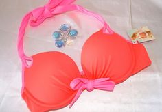 VICTORIA'S SECRET PUSH UP SWIM SUIT HALTER TOP 32C GORGEOUS CORAL NWT… Memorialday Weekend, Vs Swim, Dangerous Woman, Swim Suit, Pink Bow, Halter Top, Summer Beach