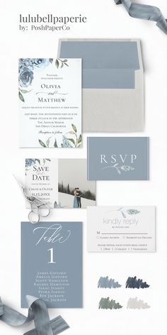 wedding stationery with blue and gray colors