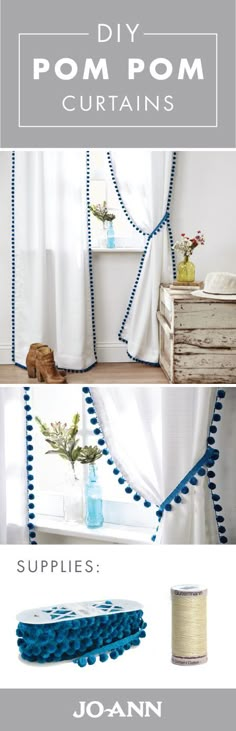 the instructions for how to make pom pom curtains in blue and white colors