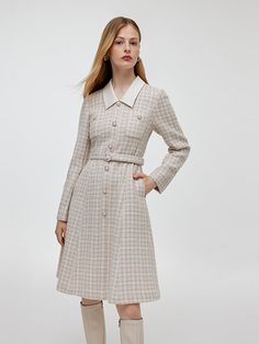 Wool Blend Tweed Patchwork Lapel Women Midi Dress With Belt Tweed Patchwork, Modern Cheongsam, Understated Luxury, Half Skirt, Mini Robes, Wool Turtleneck, Long Sleeve Short Dress, Dress With Belt, Women Midi