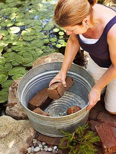 a woman is placing rocks into a bucket filled with water and lily pads in the pond