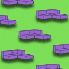 several purple couches sitting on top of a green floor