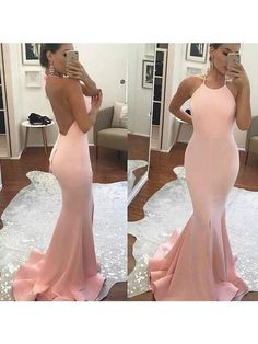 Mermaid Satin Halter Sleeveless Sweep/Brush Train With Ruffles Dresses - Prom Dresses Backless Gowns, Evening Dress Long, Pink Mermaid, Glamorous Party, Pink Formal Dresses, Prom Dresses Sleeveless, Pink Prom, Backless Prom Dresses, Pink Prom Dresses