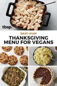 thanksgiving menu for vegans with images of pies, desserts and other foods