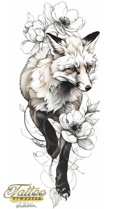 a drawing of a fox with flowers on it