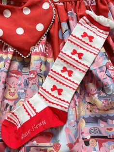 This price is for a pair of socks only, others are not included. Socks Details:Bowknot Details / Ruffled Cuff / Striped Pattern Red Socks, House White, Calf Socks, Alternative Fashion, Pink Blue, Red And White, Socks, Cuff, Red