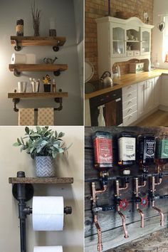 four different pictures of kitchen and bathroom items in various rooms, including toilet paper rolls on the wall