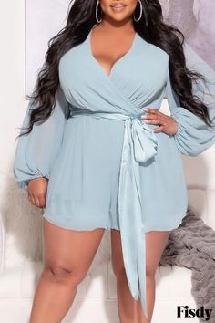 Fisdy - Chic Light Blue Solid Casual Patchwork V-Neck Jumpsuits for Plus Size Individuals Chiffon Romper, Jumpsuit Casual, Solid Jumpsuit, Chiffon Fashion, Plus Size Jumpsuit, Stylish Plus, Casual Jumpsuit, Color Fabric, Mini Dress With Sleeves