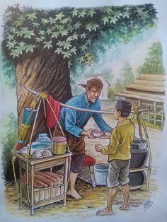 a drawing of a man handing something to a boy