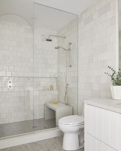 a white toilet sitting next to a walk in shower