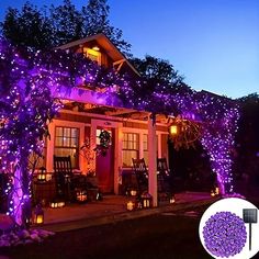 purple lights decorate the outside of a house