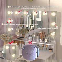 an image of a vanity with mirrors and lights on the top, along with instructions for how to use it