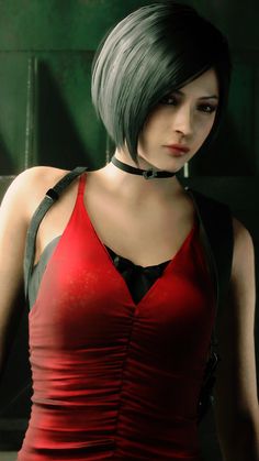 a woman with grey hair wearing a red top and black suspenders is standing in front of a green wall