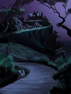 a painting of a castle on a hill at night with trees and water in the foreground