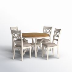 a table with four chairs around it on a white background in front of a wall