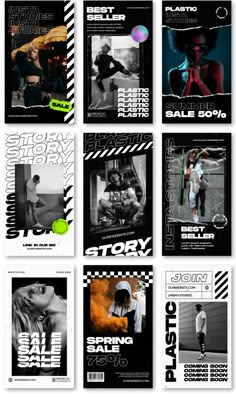 several different magazine covers with black and white images on them, one is showing the same woman