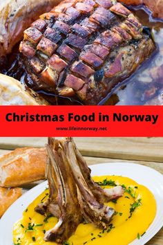 christmas food in norway with the title overlay reads christmas food in norway, including meat and potatoes