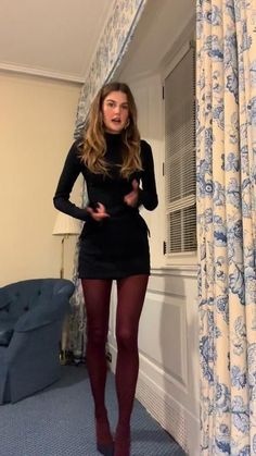 Going Out Outfits Late 20s, Black Hair Outfits Aesthetic, Night Out In San Francisco Outfit, Maroon Stockings Outfit, Semi Formal Winter Dresses, Wine Tights Outfit, Wedding Guest Dress With Tights, Valentines Date Outfit Night Dinners, Party Winter Outfit Night