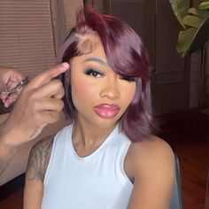 Burgundy Bob Wig Black Women, Medium Length Wig Hairstyles, Side Part Burgundy Wig, Layered Bob Wig, Frontal Bob Wig, Burgundy Bob, Cutest Hairstyles, Burgundy Wig, Frontal Bob