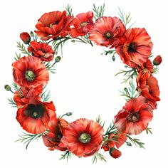 a wreath made up of red flowers and green leaves