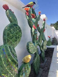 cactus sculptures are lined up against the wall