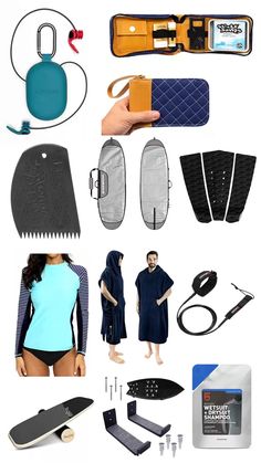 an assortment of items that include surfboards, paddles and other things to wear