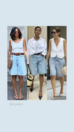 Bermuda Jeans Outfit, Long Jeans Shorts, Look Bermuda Jeans, How To Style Bermuda Shorts, Look Bermuda, Shorts Styling, Jorts Outfit, Women In Their 50s, White Shirt And Blue Jeans