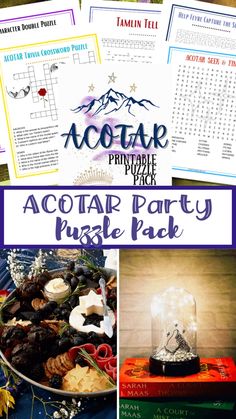 several different pictures with the words acotar party puzzle pack written in purple and blue