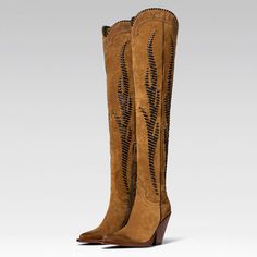 Elevate your style with these tan vegan suede thigh-high boots. Featuring a pointed toe and flame insert design, they blend Western flair with contemporary trends for a striking fashion statement. Color: Tan Material: Vegan suede Heel Type: Block heel Heel Height: 3.54'' / 90 mm approx Shaft Height: 24'' / 609.6 mm approx Product measurements were taken using size 8. Please note that measurements may vary by size. Toe: Pointed toe Flame insert design Partial side-zip design Handcrafted US sizing Bronze Boots Outfit, Fall Wishlist, Cowgirl Vibes, Country Gal, Country Vibes, Faux Fur Handbag, Thigh High Suede Boots, Shoe Wardrobe, Zip Design