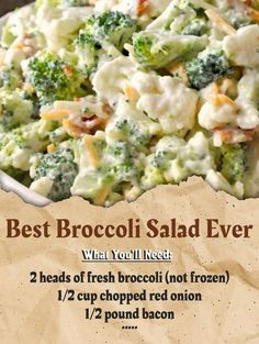 broccoli salad in a white bowl on top of a piece of parchment paper