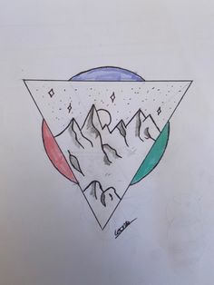 a triangle with mountains and stars in the middle is drawn by someone's hand