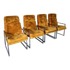 four chairs with metal legs and brown velvet upholstered seats, set of 4