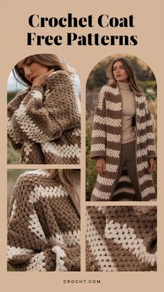 Create a trendy crochet coat with these free patterns. Ideal for a cozy DIY project that keeps you stylish and warm! Crochet Coat Free Pattern, Free Crochet Jacket Patterns, Free Patterns For Crochet, Crochet Coat Pattern, Crochet Sweater Coat, Crochet Coats, Coat Crochet, Cozy Diy, Patterns For Crochet