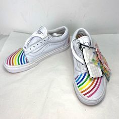 Women's Vans X Flour Shop Collaboration. White Leather Rainbow Old Skool Sneakers -New Without Box, Tags Attached, And Fun Yellow Shoelaces With Smiley Faces, These Cutie Shoes Are In Excellent Condition & No Apparent Flaws. They May Have A Few Light Scuffs From Light Handling. See Photos. Vans "Off The Wall" X Flour Shop By Amirah Kassem. White Leather Uppers With Rainbow Accents. Leather Rainbow Striped Sneakers. Lace Up Closure With A White Fabric Interior With A Rainbow Printed Insole. These Shoes Are Unisex. Men's Size 5.5 And Women's Size 7. Comfortable, Cushioned, Authentic, Lace-Up, Collab, Rainbow, Pride, Rainbowcore, Fall, Vans Tennis Shoes, Sunflower Vans, Rainbow Sneakers, Striped Sneakers, Vans White, Metallic Sneakers, Vans Black And White, Smiley Faces, Vans Slip On