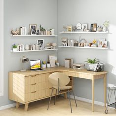 a home office with shelves, desk and chair