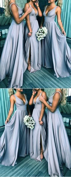 two women in long dresses standing next to each other and one woman holding her bouquet