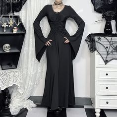 Gothic Witch Long Sleeve Maxi Dress - Vedlit Dresses With Bell Sleeves, Winter Maxi, Maxi Dress Winter, Gothic Witch, Black Dress With Sleeves, Ankle Length Dress, Autumn Dress, Long Dress Casual, Gothic Dress