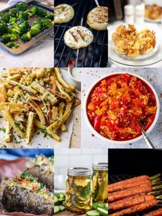 several different foods are being cooked on the grill and placed in separate pictures, including broccoli, carrots, pasta, bread, and other food