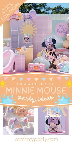 a minnie mouse party with pink and blue decorations