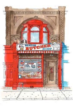 a drawing of a butcher's shop on the side of a building with red doors