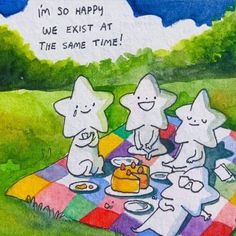 three cartoon characters sitting at a picnic blanket with a cake on it and the caption says, i'm so happy we exit at the same time