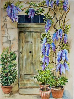 a painting of purple flowers and potted plants in front of a wooden door on a wall