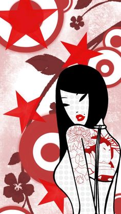 a woman with tattoos standing in front of red stars