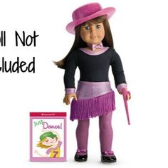 a doll with a pink hat and purple skirt is next to a book that says, well not included