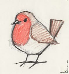 a drawing of a red bird sitting on top of a piece of paper