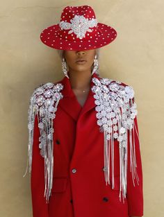 Silver detachable shoulder piece can be used as a head piece. Email us for preorders and rental information. Captain Hat Outfit, Shoulder Piece, Silver Outfits, Diy Jacket, One Of One, Queen Fashion, Head Piece, Skirt Fits, Outfits With Hats