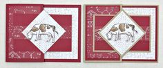 two red and white greeting cards with an image of a dog on them, one in the shape of a diamond